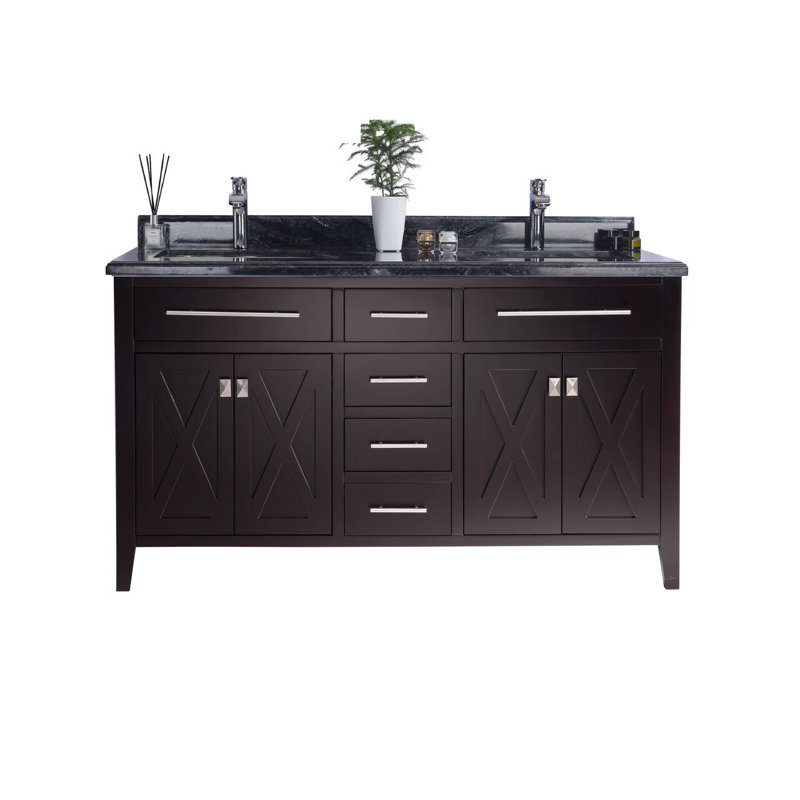 Ensemble de meuble-lavabo double 60 po Vitiello, Brun, Bois noir