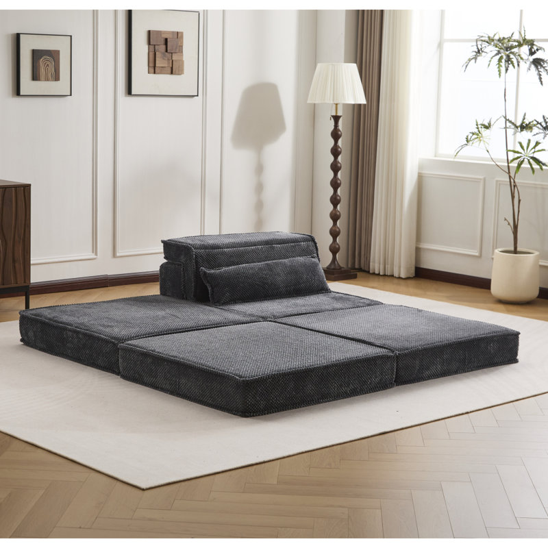 Compression Mahjong Sofa,Convertible Floor Sofa Bed,DIY Boneless Modular Sectional Sofa,No Assembly Required,Circle Fleece Fabric,Oversized Single Seater With 1 Pillow And 1 Ottoman,Darkgrey