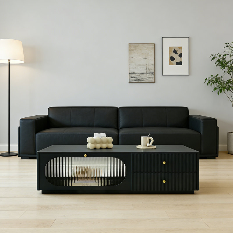 Table basse luxueuse avec rangement en verre, H 13,77 po x L 51,18 po x l 27,55 po