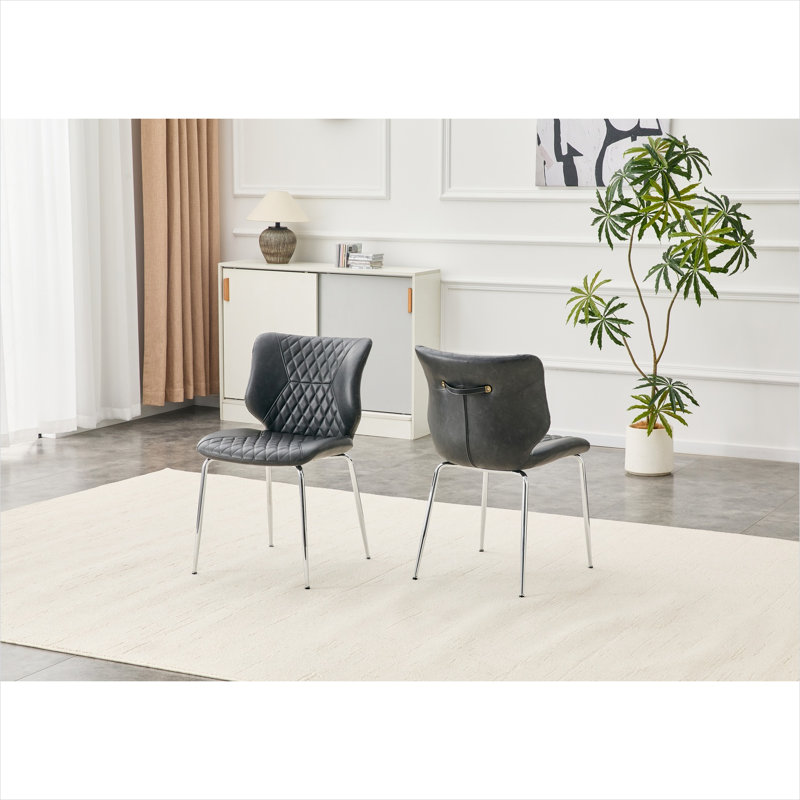 Chaise d'appoint Mid-Century capitonnée de diamants, cuir gris, pieds en métal galvanisé, ensemble de 2