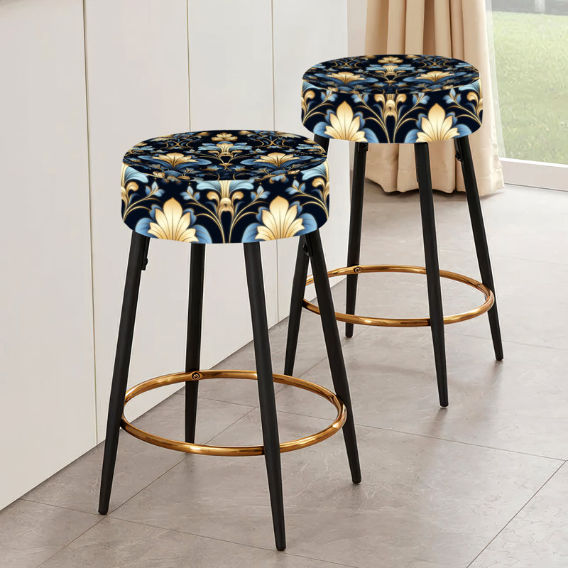 Ensemble de 2 tabourets de bar or et bleu à motif damassé de luxe