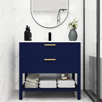 Armoire de salle de bain 36 po autoportante, 2 tiroirs, contreplaqué bleu marine, lavabo en résine, meuble-lavabo à poignée en métal 36 po avec - modèle autoportant