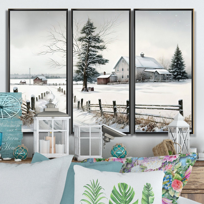 Nebraska Farm In Winter - ensemble d'art mural sur toile, Cadre flottant noir, H 28 po x l 36 po