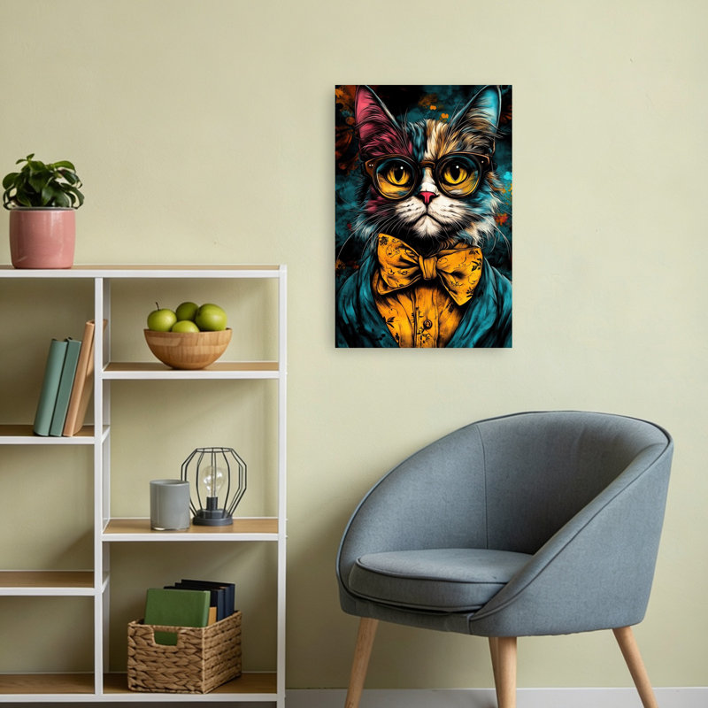 «Dapper Cat with Glasses Colorful Elegant Vibrant Cat Portrait», art mural, 24" H x 16" W