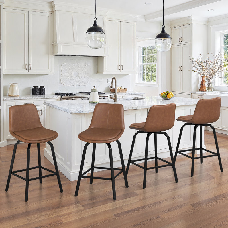 Yannis 26''H Faux Leather Swivel Barstools, 4, Brown