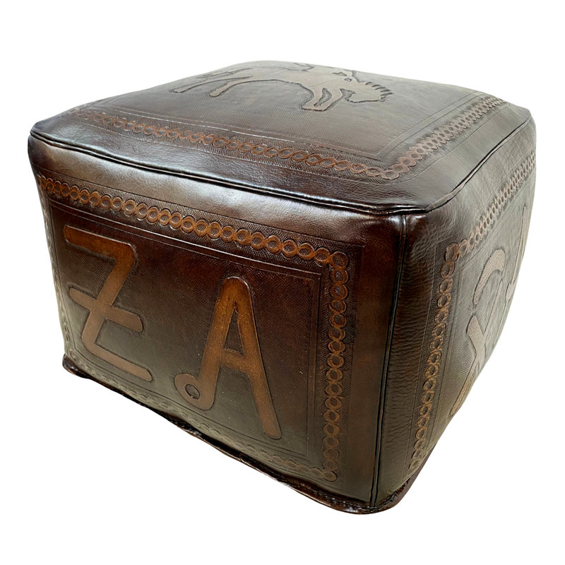 Upholstered Pouf, Antique Brown Genuine Leather