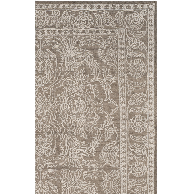 Tapis oriental en laine / soie gris pierre / perle noué à la main Fleming, Rectangle 6 pi x 9 pi