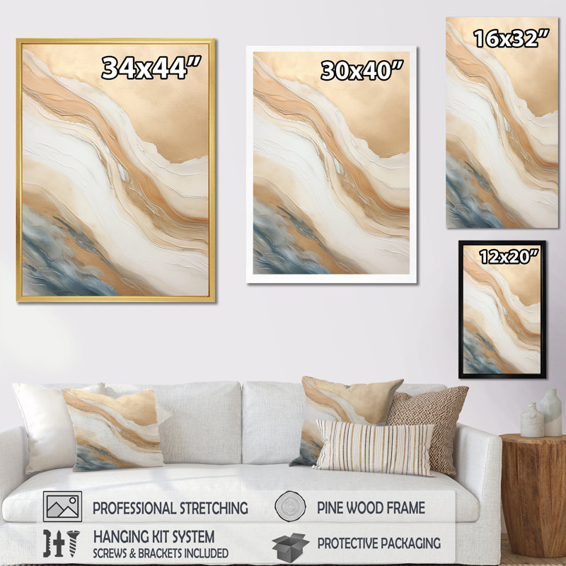 Or et bleu plage sable fusion - art mural abstrait salon, Cadre flottant noir, H 32 po x l 24 po x P 1 po