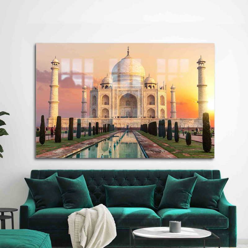 Art mural indien en verre trempé avec sept merveilles, H 31,5 po x l 47,2 po