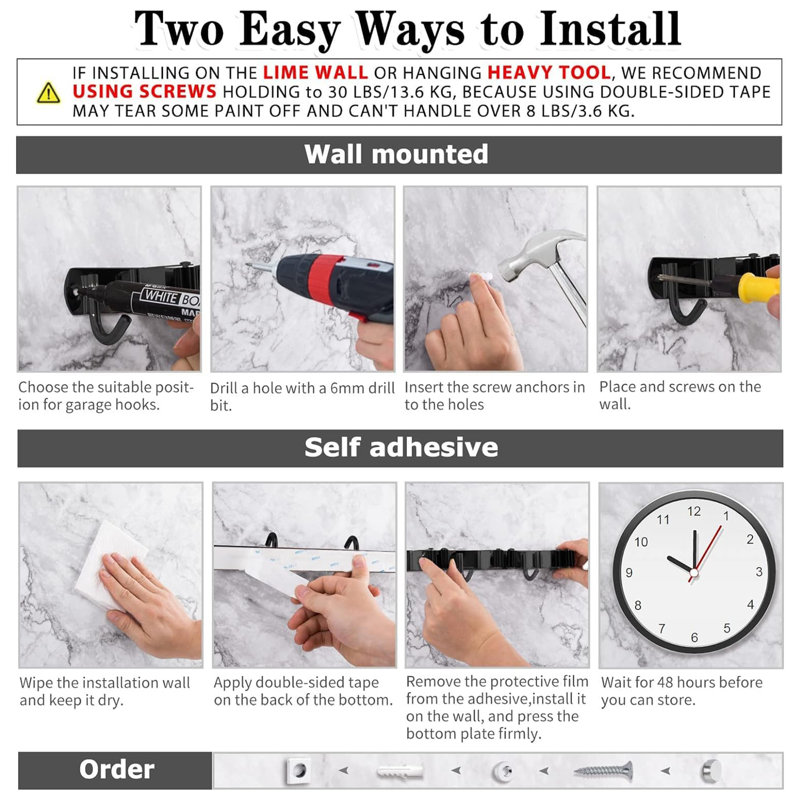 5 Holders+4 Hooks Broom Holder Wall Mounted with Nails Installation, Black