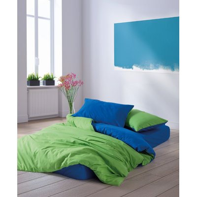 Ensemble de housse de couette 100% coton double Ranforce, vert et bleu | Comprend une housse de couette (78,7 x 86,6 po), un drap-housse (63 x 79 po + 11,8 po), 2 taies d'oreiller (19,7 x 27,6 po) | Impression réactive, lavable à la machine, fermeture à boutons, doux et confortable