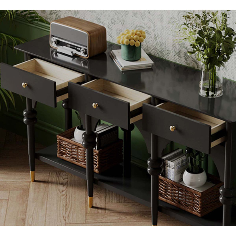 59.06" Brown Rectangular Solid Wood Console Table, Black, 31.89" H x 59.06" W x 13.78" D