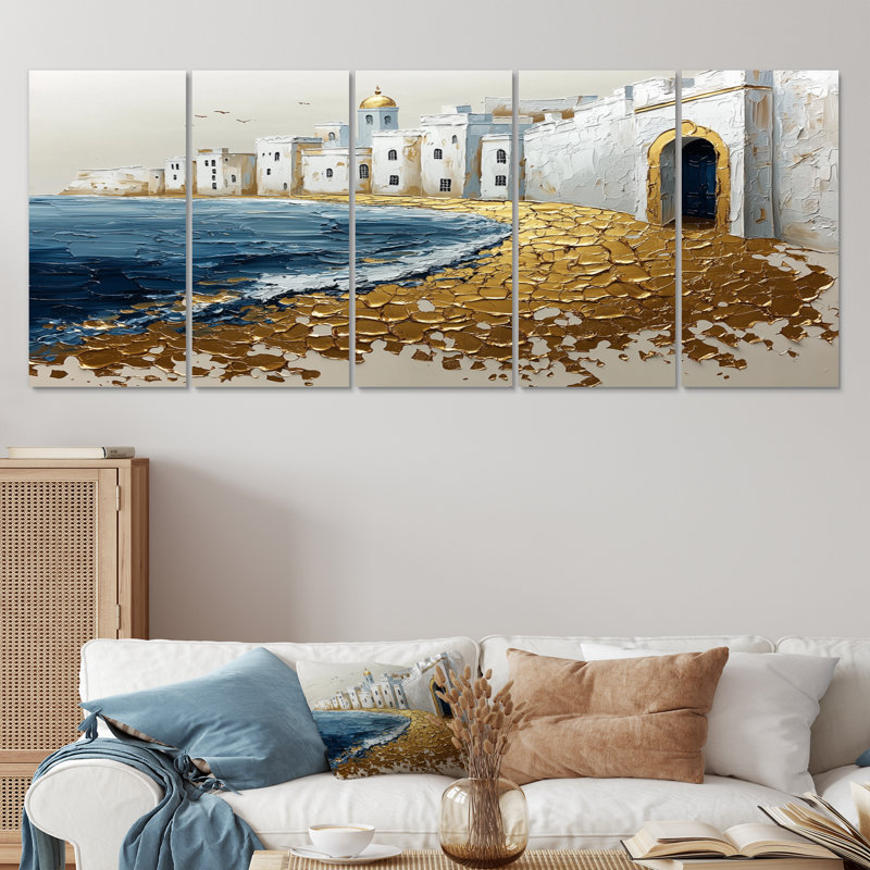 Maroc, plage d'Essouira dans des tons dorés et blancs III - ensemble d'art mural marocain, H 32 po x l 80 po