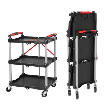 Foldable 3-Shelf Utility Service Cart, Black Heavy-Duty Plastic and Aluminum Frame