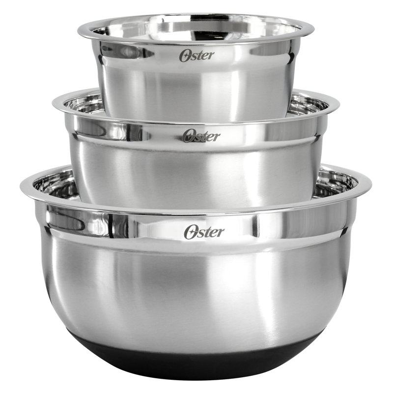 Oster Oswalt 3 Piece Mixing Bowl Set with Non-Slip Bases in Silver
