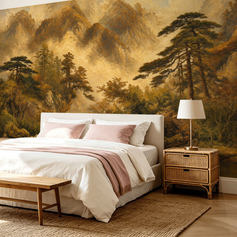 Papier peint adhésif pelez et collez, paysage de montagne brumeux, pin, rivière, tons chauds, art mural auto-adhésif et amovible