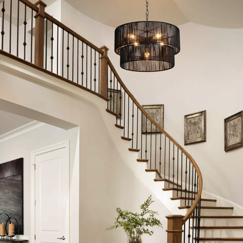 5-Lights Hand-Woven Rattan Pendant Light, Black