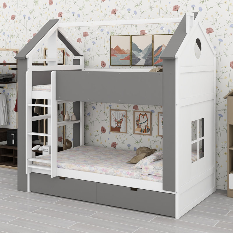 Structure de lit superposé Modern House avec tiroirs de rangement, tablettes et bande lumineuse intégrée, meubles de chambre peu encombrants