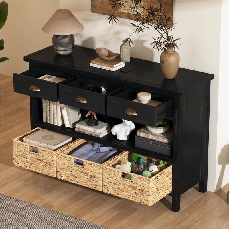 Vintage Console Table With Drawers, Water Hyacinth Woven Baskets, Multi-Color Options, Ideal For Entryway And Living Room