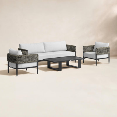 Chervonne 4 Piece Outdoor Conversation Set in Black Aluminum and Rope with Light Gray Fabric Cushions