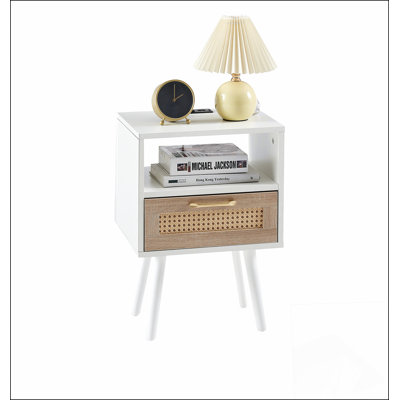 15.75"" Rattan End table with Power Outlet  & USB Ports , Modern nightstand with drawer and solid wood legs, side table for living room, bedroom,natura -  Mercer41, D6755DD7FFB1405099A918BD1850F90B