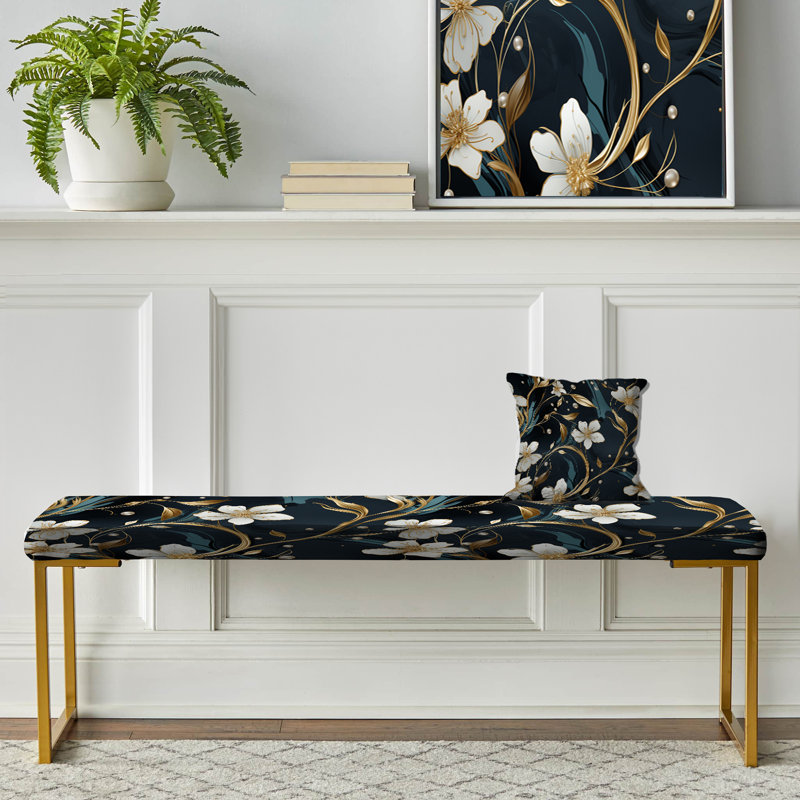 Rich Emerald And Gold Floral Marble Pattern - Marble Upholstered Gold Bench