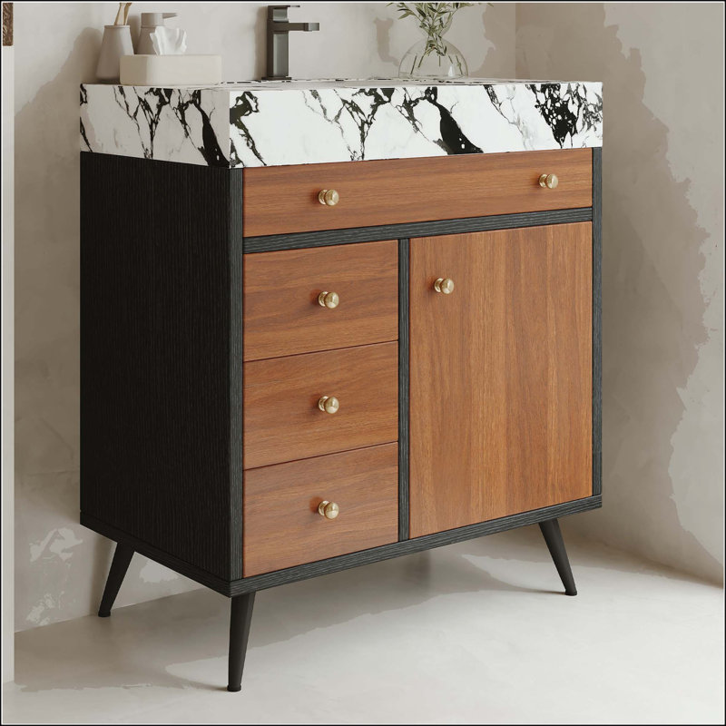 Meuble-lavabo moderne autoportant 29,9 po avec plateau en pierre frittée, Blanc et noir