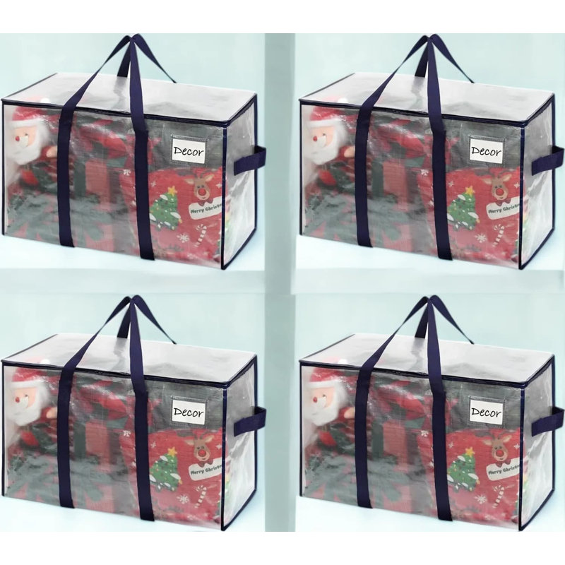 Sacs de rangement robustes avec couvercles - Paquet de 4 grands bacs transparents pour le transport, le rangement des décorations de Noël et les fournitures d'emballage | Alternative durable aux boîtes