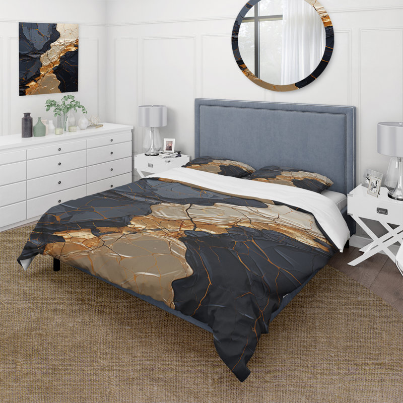 Ensemble de housse de couette Minimalisme chrome or et noir II - Spirales abstraites