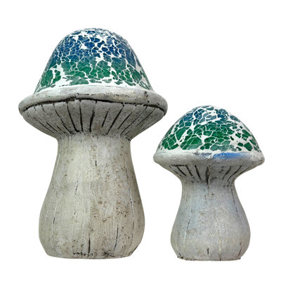 Cottage Multicolored Mosaic Cement Mushroom Garden Sculpture Set, Freestanding, 8 Inches High