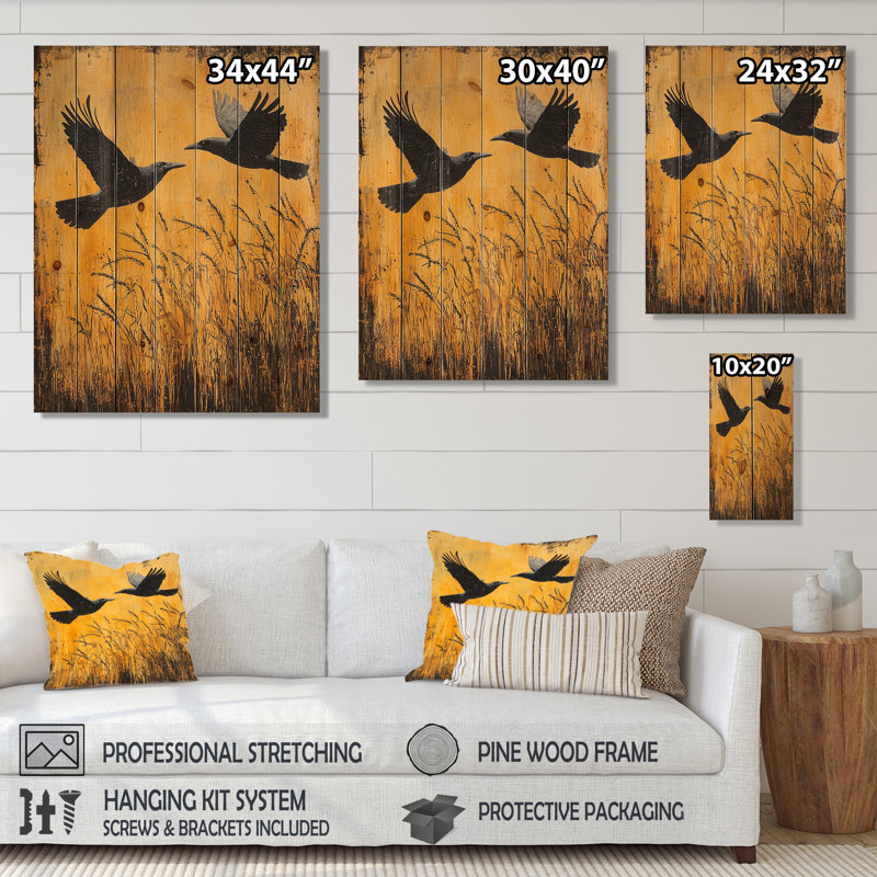Corbeaux foncés dans le champ de maïs I - Art mural en bois d'oiseau - sur bois de pin naturel, H 20 po x l 10 po x P 0,78 po