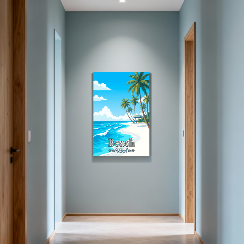 Scénario et paysages urbains Plage Palmiers Océan Ciel Parasol Sable Vagues Soleil, H 36 po x l 24 po