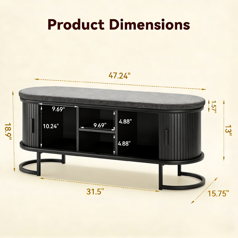 47.2'' Black Entryway Storage Bench With Sliding Doors, Upholstered Shoe Bench With Sturdy Metal Base & Soft Cushion, Multifunctional Organizer For Entry, Bedroom & Living Room