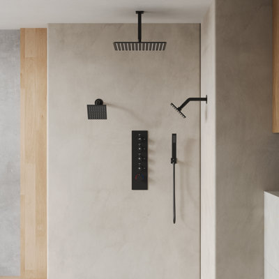 Système de douche thermostatique, robinet de pluie à fixation au plafond 16 po, double pomme de douche murale 6 po avec douchette