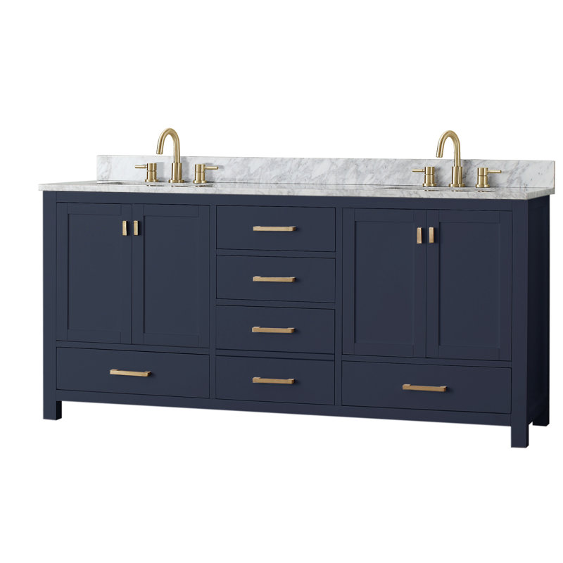 Meuble-lavabo double 72 po avec plateau Souther, Marbre blanc de Carrare, Bleu marine