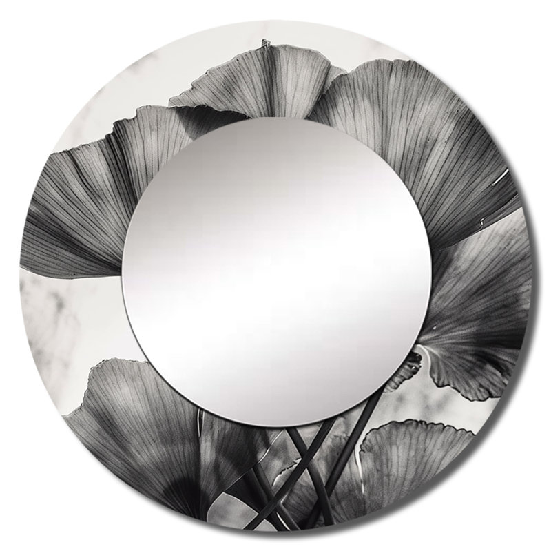 Gurjyot Tropical Ginkgo Leaves II - grand miroir mural à feuilles, miroir rond gris unique, reproduction d'art en métal