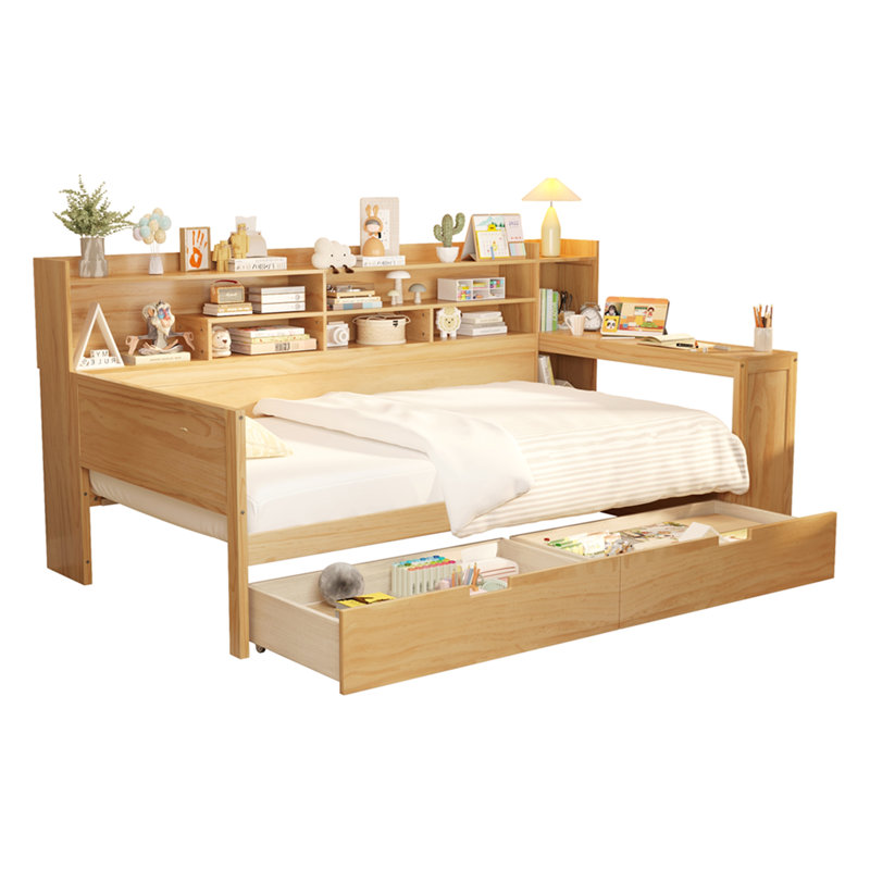 Lit de jour simple en bois avec tablettes de rangement, lit multifonctionnel avec 2 tiroirs de rangement et bureau d'étude