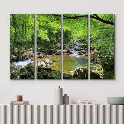 Rivière à travers la forêt verte, impression sur toile, 4 pièces