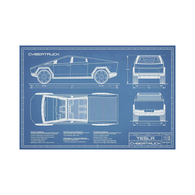 Tesla Cybertruck (2020-2022) Blueprint by Action Blueprints - Wrapped Canvas Print, 101.6 cm H x 66.04 cm W x 1.91 cm D