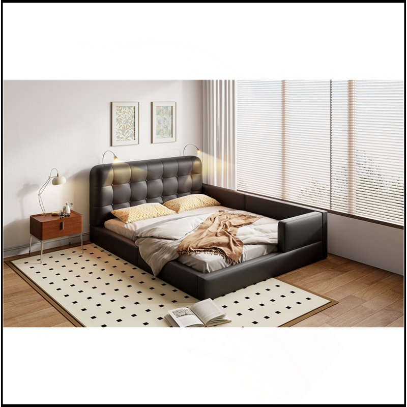 Lit plateforme tapissier avec 2 lampes de lecture, Noir, noir, noir, noir