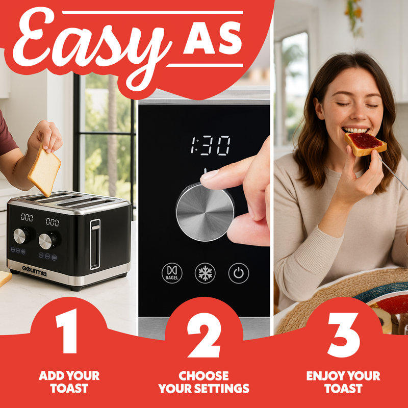 Grille-pain Gourmia à 4 tranches avec deux commandes indépendantes, 6 niveaux de brunissement, modes bagel et décongélation, fentes extra-larges, plateau à miettes coulissant, conception compacte, noir