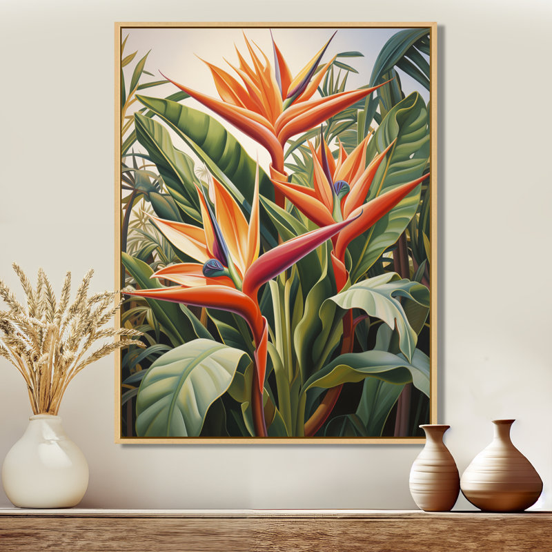 Oiseaux de paradis fleurs tropicales I - Oiseaux de paradis, impressions sur toile, Cadre flottant brun
