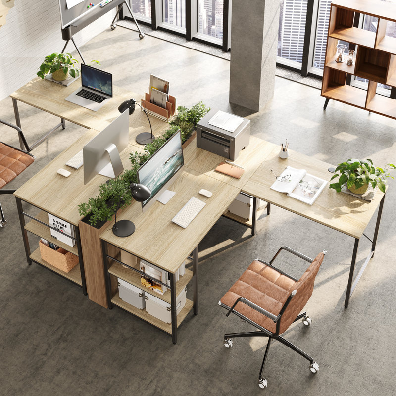 Nedyo 95.2" L-Shaped Desk with Shelves, Reversible Corner