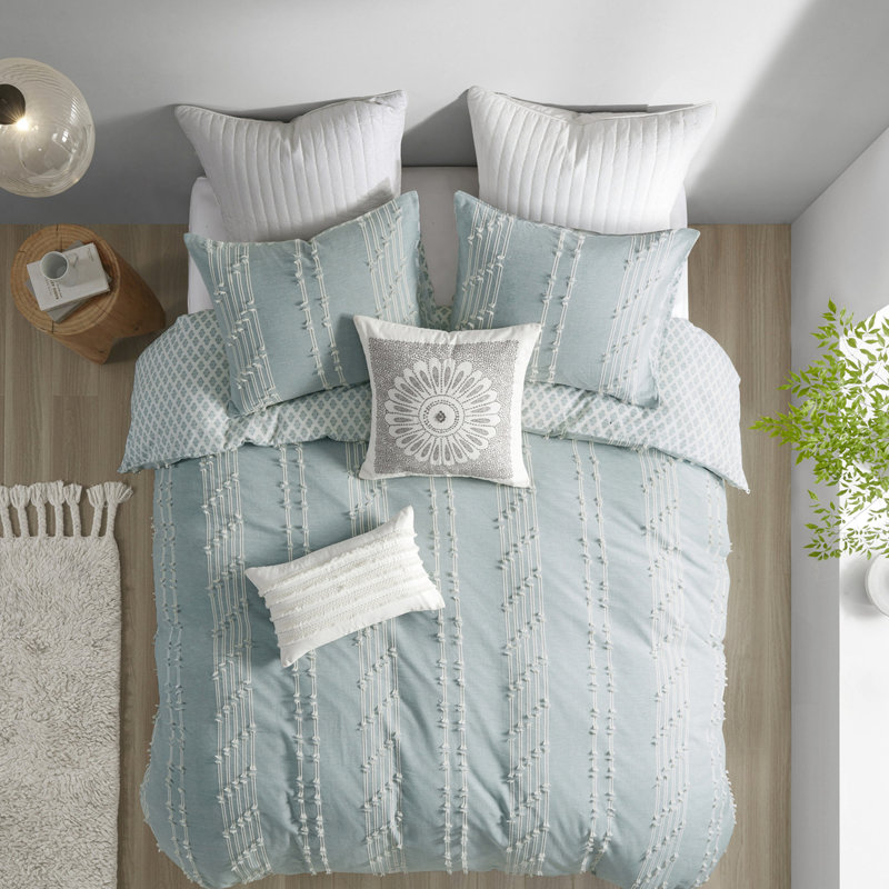 Couette 3 pièces pour lit double/queen, en coton à rayures naturelles, lavable à la machine, fermeture à boutons