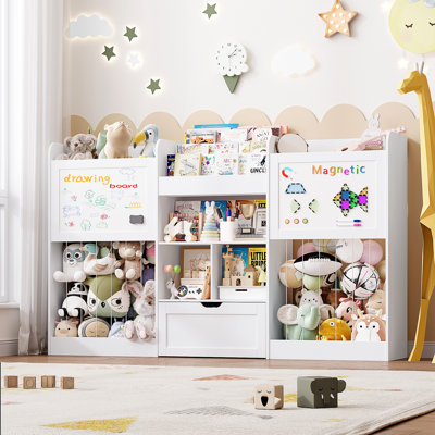 70.8"W Toy Storage Organizer with 3 Tier Montessori Bookshelf, 2 Magnetic Drawing Boards, Removable Drawer and 3 Cubbies, 2 Large Stuffed Animal Stora