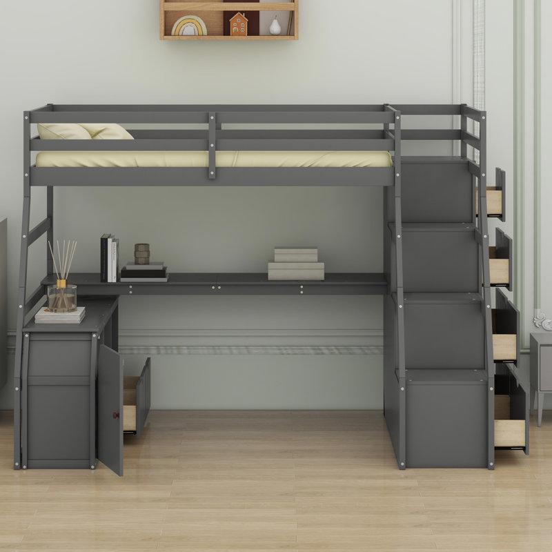 Lit mezzanine avec tiroirs, tablettes et bureau, Gris