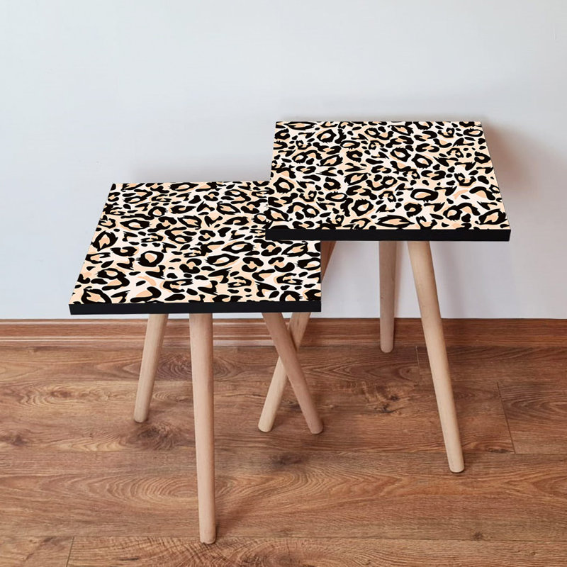 Modern Nesting Table Set (2 Pieces), White, Beige & Black | 100% MDF with Beech Wood Legs | Larger Table: 13.8 x 18.5 x 13.8 inches, Smaller Table: 13.8 x 16.5 x 13.8 inches | Stylish & Space-Saving Design for Home or Office