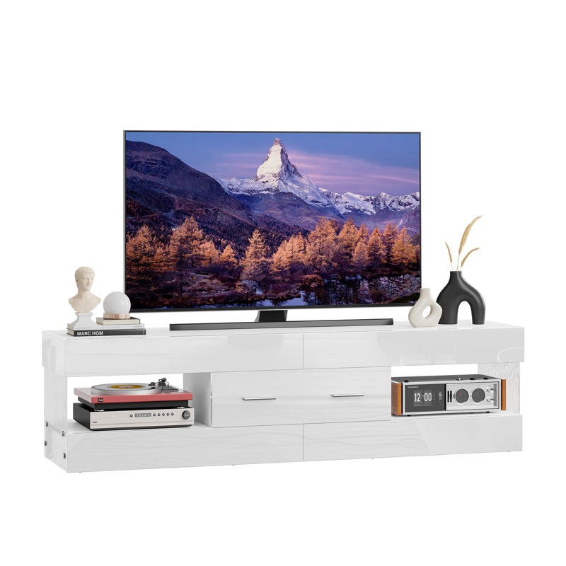 Modern Tv Stand For Tvs Up To 70" With Led And Drawer, White, 40cm H x 152.4cm W x 35cm D
