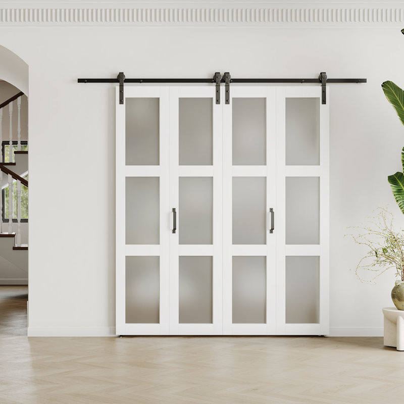 Porte de grange pliante en verre givré 3 pièces avec quincaillerie Lite, 42 po x 84 po
