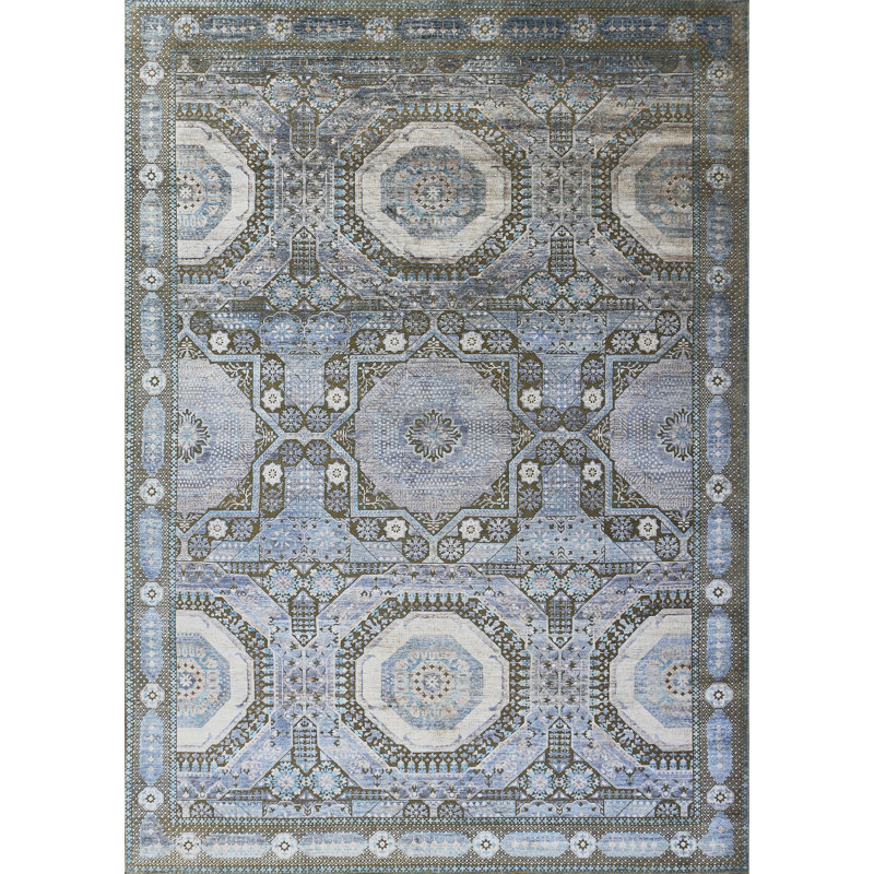 Tapis gris / bleu noué à la main de haute qualité, Rectangle 9 pi x 12 pi